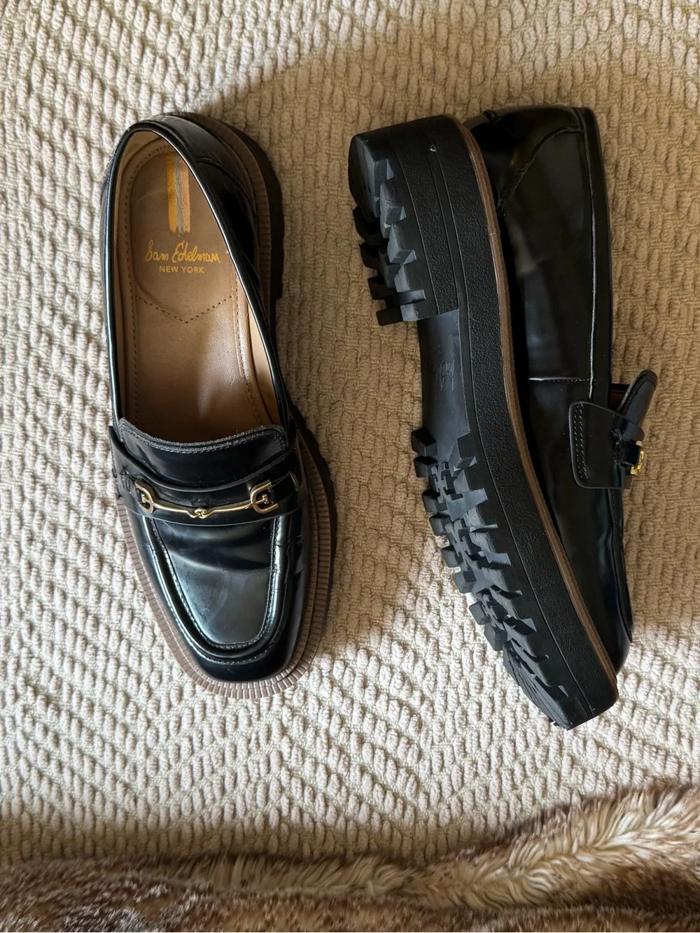 Sam Edelman Black Leather Loafers with Gold Hardware